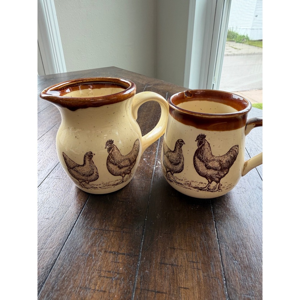 Vintage 1979 Enesco Country Road Chicken Rooster Creamer and Mug Set Japan